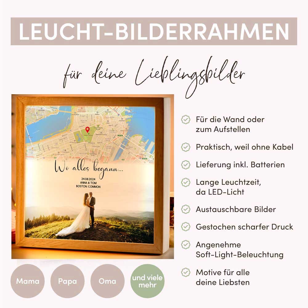 Beleuchteter Bilderrahmen inkl. personalisiertem Bild "Wo alles begann #3" | Deine Stadt - Deine Karte - Deine Liebe