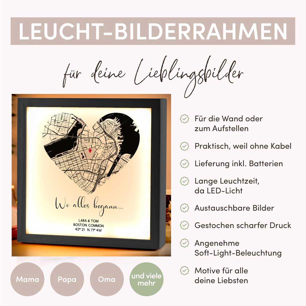Beleuchteter Bilderrahmen inkl. personalisiertem Bild "Wo alles begann #2" | Deine Stadt - Deine Karte - Deine Liebe