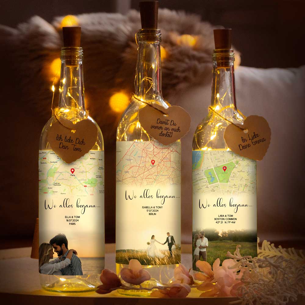Personalisierte Lichterflasche "Wo alles begann #3" | Deine Stadt - Deine Karte - Deine Liebe | Valentinstagsgeschenk