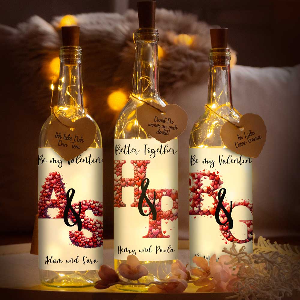 Personalisierte Lichterflasche "Be My Valentine #2" | Valentinstagsgeschenk