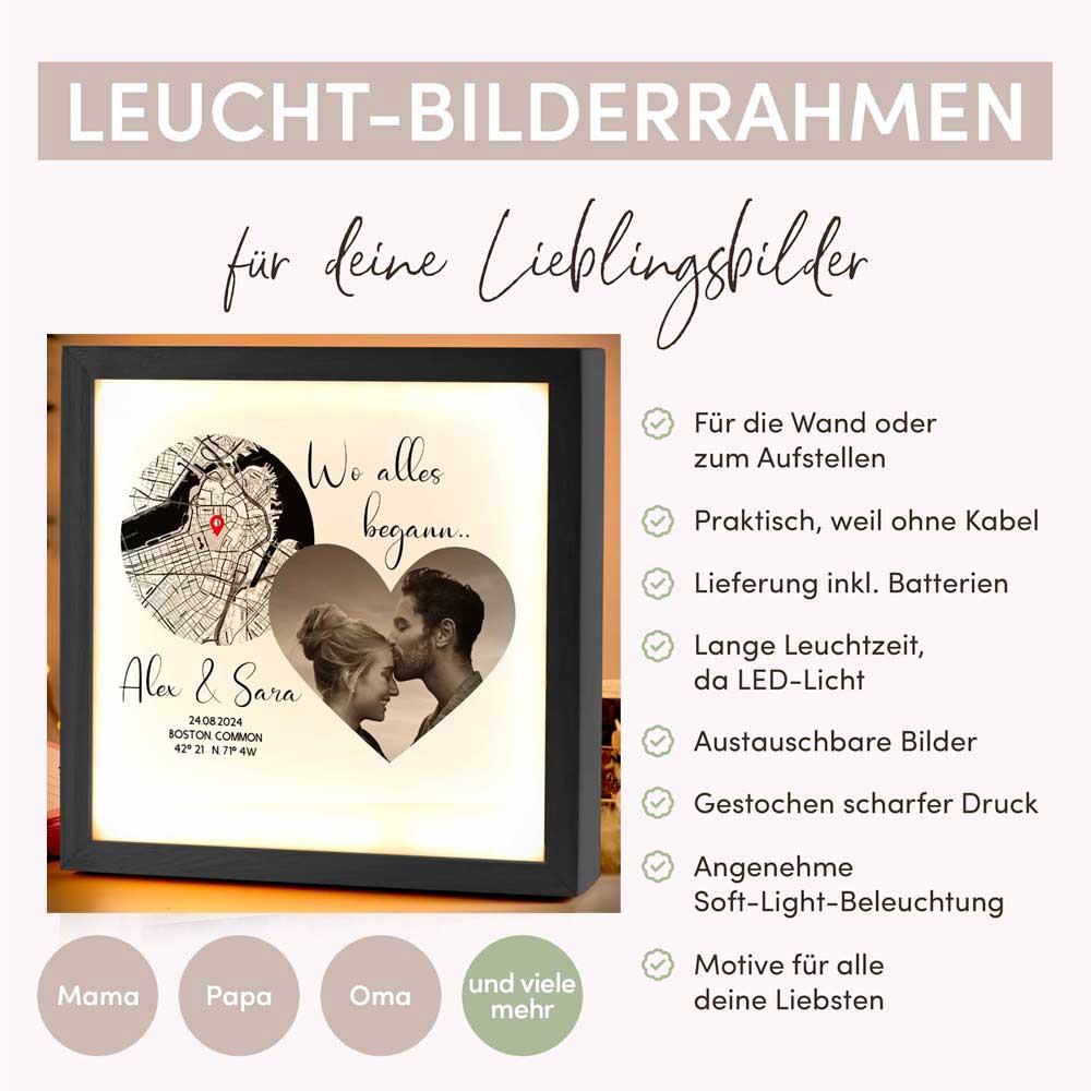 Beleuchteter Bilderrahmen inkl. personalisiertem Bild "Wo alles begann #4" | Deine Stadt - Deine Karte - Deine Liebe