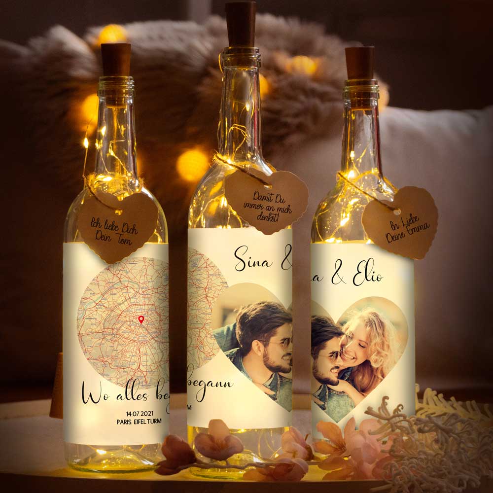 Personalisierte Lichterflasche "Wo alles begann #4" | Deine Stadt - Deine Karte - Deine Liebe | Valentinstagsgeschenk
