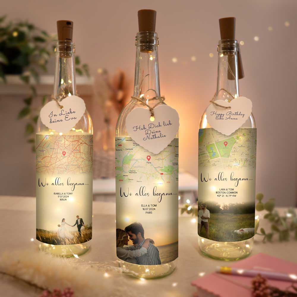 Personalisierte Lichterflasche "Wo alles begann #3" | Deine Stadt - Deine Karte - Deine Liebe | Valentinstagsgeschenk