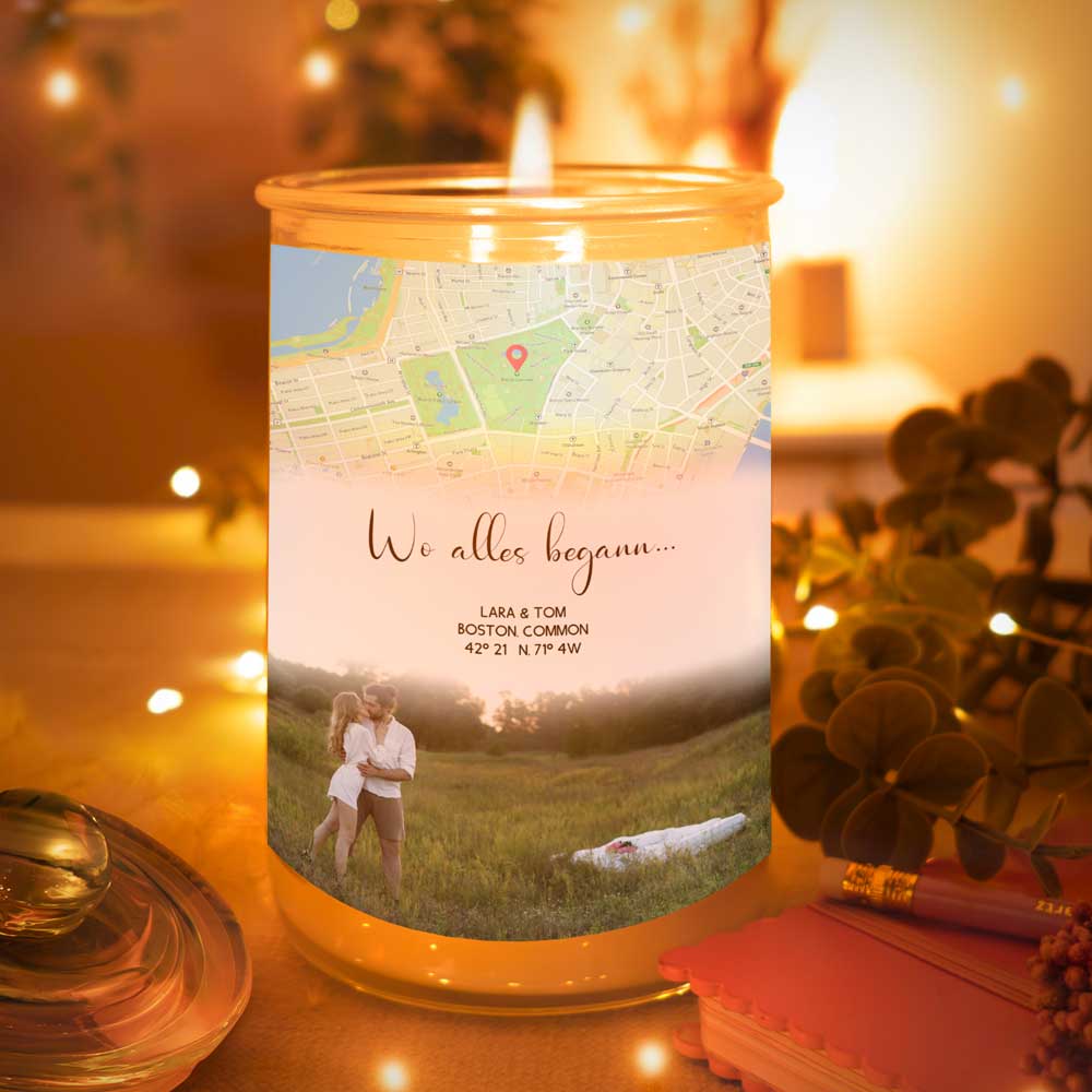 Personalisierte Duftkerze "Wo alles begann #3" | Deine Stadt - Deine Karte - Deine Liebe | Valentinstagsgeschenk